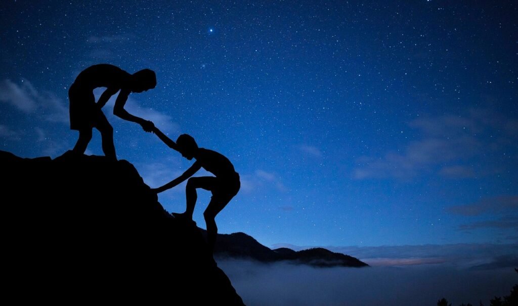Mentorship men, mentor, help, climbing, nature, mountain, stars, hand, adventure, sky, mountain top, night sky, teamwork, people, achievement, silhouette, together, success, friendship, mentoring, partnership, people silhouettes, blue sky, blue mountain, blue help, blue stars